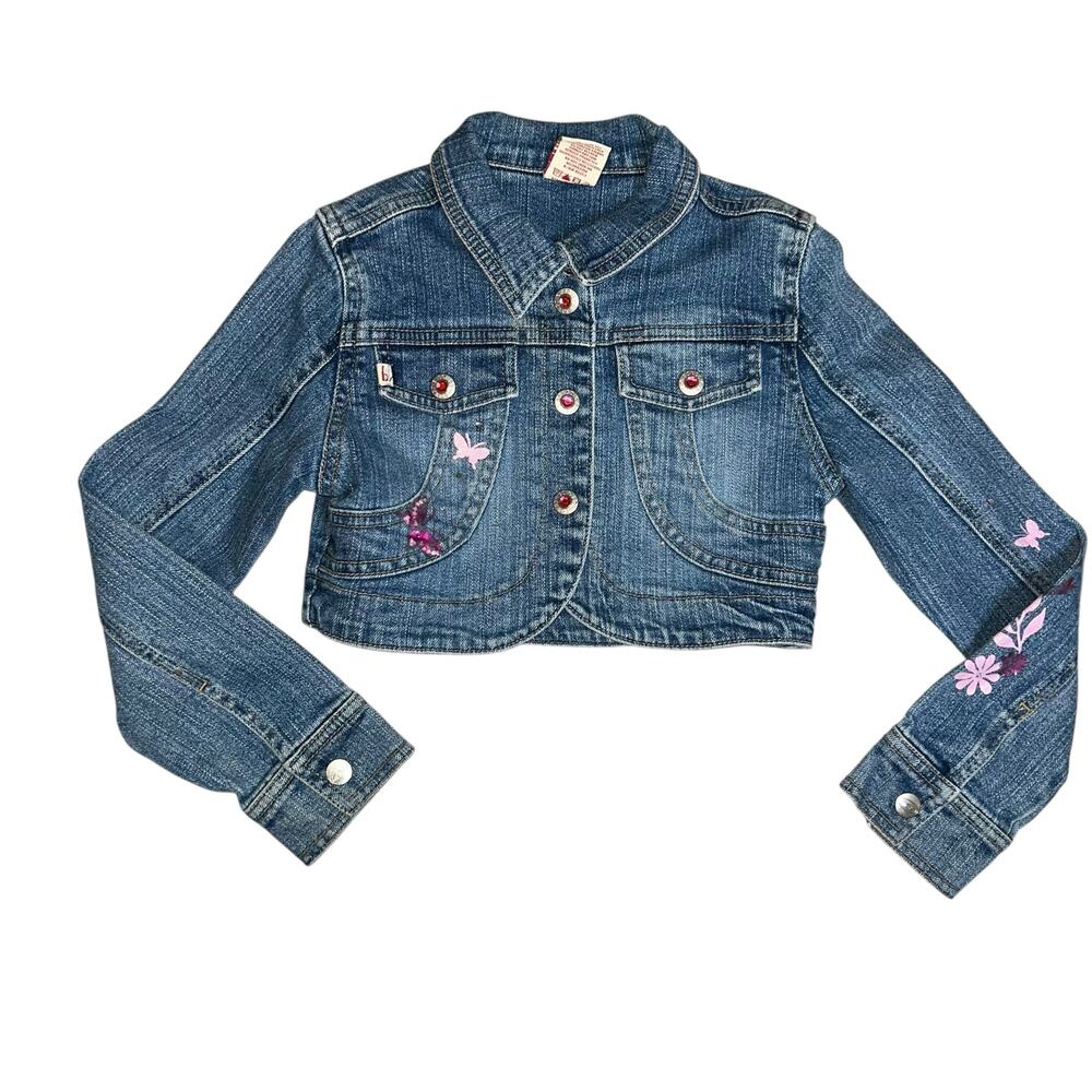 Vintage Bongo Y2K denim embroidered floral pink butterfly jean jacket girls  6x